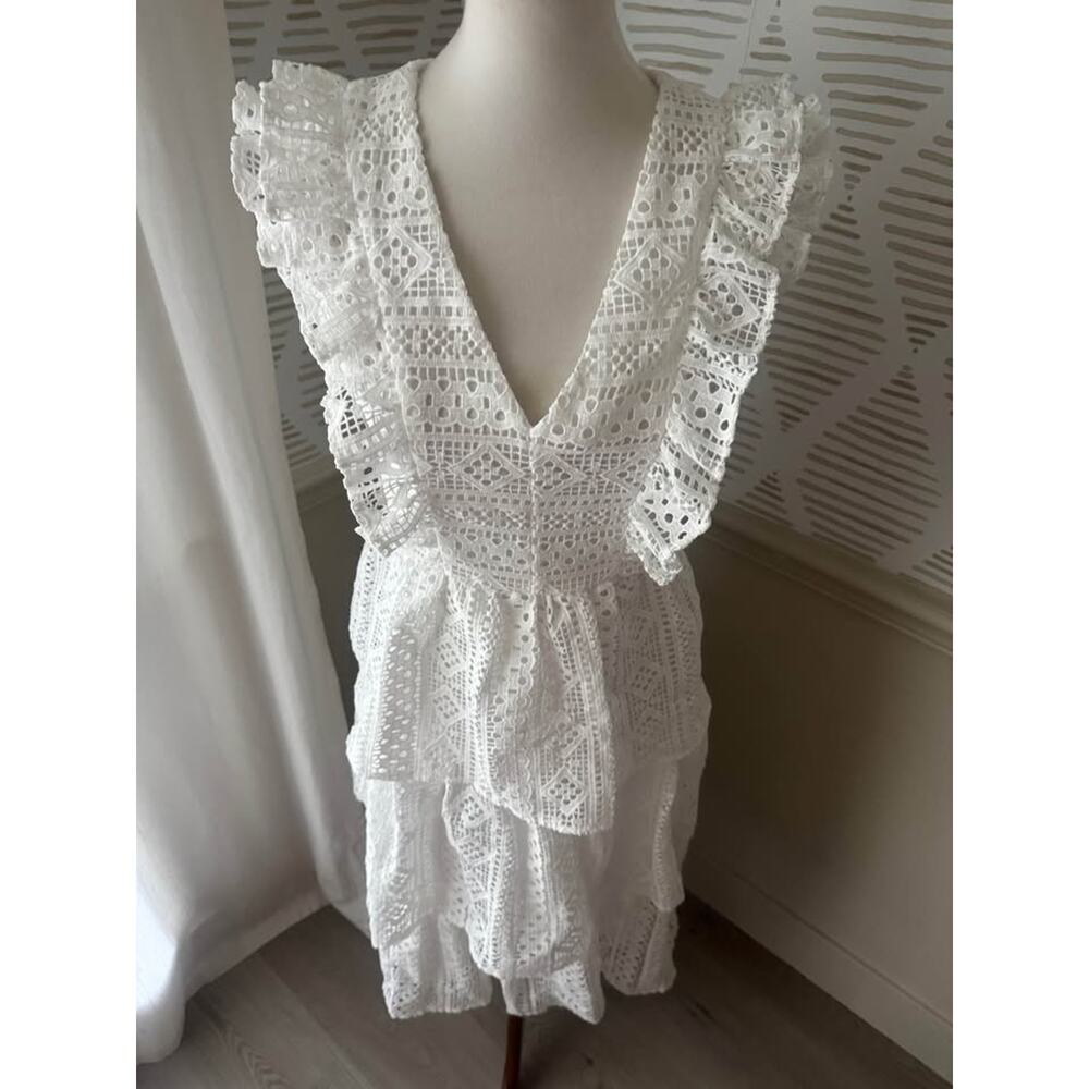 Endless Rose Women’s Small White Lace Tiered Ruffle Midi Dress - Picture 3 of 9